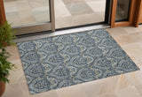 3' X 5' Blue and Cream Damask Washable Non Skid Indoor Outdoor Area Rug