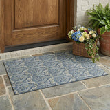 3' X 5' Blue and Cream Damask Washable Non Skid Indoor Outdoor Area Rug