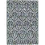 3' X 5' Blue and Cream Damask Washable Non Skid Indoor Outdoor Area Rug