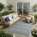 5' X 8' Blue and Cream Damask Washable Non Skid Indoor Outdoor Area Rug
