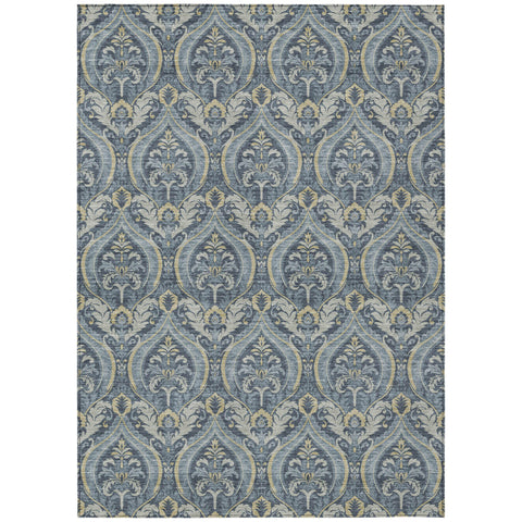 5' X 8' Blue and Cream Damask Washable Non Skid Indoor Outdoor Area Rug