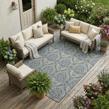 8' X 10' Blue and Cream Damask Washable Non Skid Indoor Outdoor Area Rug