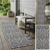8' Runner Gray Damask Washable Non Skid Indoor Outdoor Runner Rug