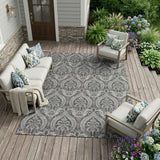 8' X 10' Gray Damask Washable Non Skid Indoor Outdoor Area Rug