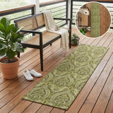 8' Runner Green Damask Washable Non Skid Indoor Outdoor Runner Rug
