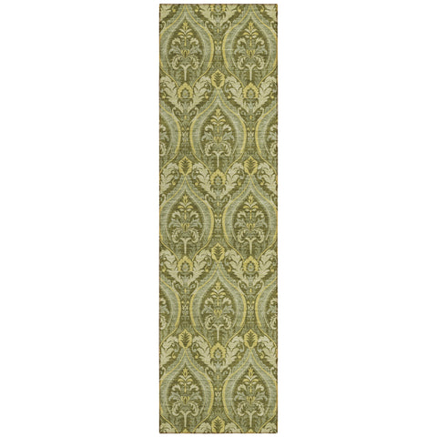 8' Runner Green Damask Washable Non Skid Indoor Outdoor Runner Rug