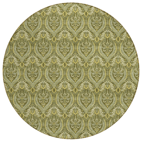 8' Round Green Round Damask Washable Non Skid Indoor Outdoor Area Rug
