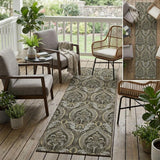 8' Taupe And Beige Damask Washable Indoor Outdoor Runner Rug