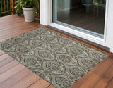 3' X 5' Taupe and Beige Damask Washable Non Skid Indoor Outdoor Area Rug