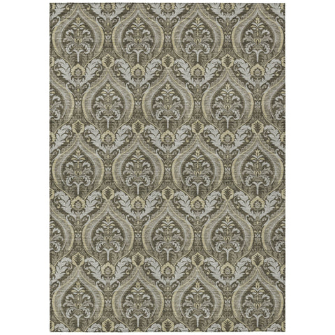 3' X 5' Taupe and Beige Damask Washable Non Skid Indoor Outdoor Area Rug