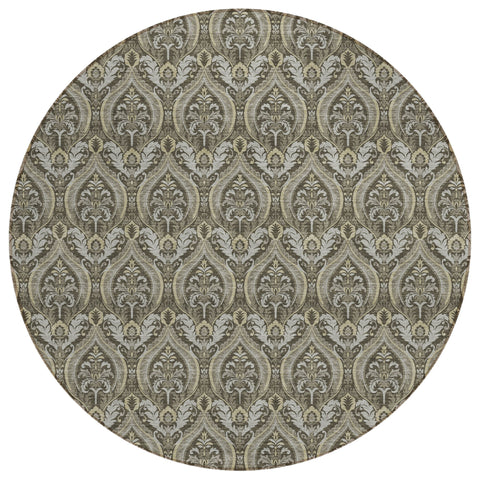 8' Round Taupe and Beige Round Damask Washable Non Skid Indoor Outdoor Area Rug