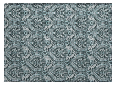 2' X 3' Teal Damask Washable Non Skid Indoor Outdoor Area Rug