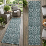 8' Runner Teal Damask Washable Non Skid Indoor Outdoor Runner Rug