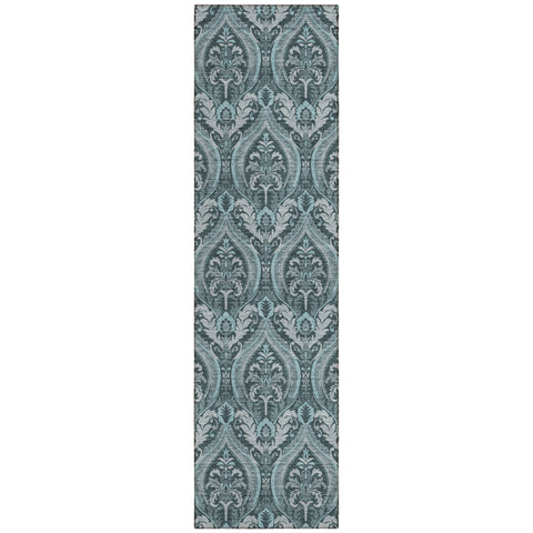 8' Runner Teal Damask Washable Non Skid Indoor Outdoor Runner Rug