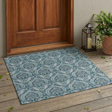 3' X 5' Teal Damask Washable Non Skid Indoor Outdoor Area Rug