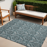 5' X 8' Teal Damask Washable Non Skid Indoor Outdoor Area Rug