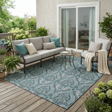 5' X 8' Teal Damask Washable Non Skid Indoor Outdoor Area Rug