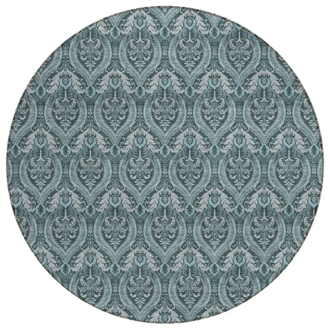 8' Round Teal Round Damask Washable Non Skid Indoor Outdoor Area Rug