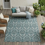 8' X 10' Teal Damask Washable Non Skid Indoor Outdoor Area Rug