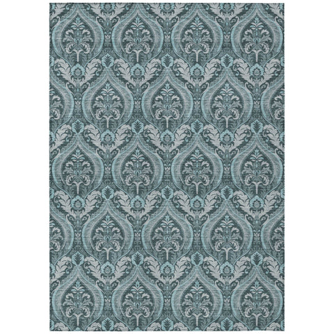 8' X 10' Teal Damask Washable Non Skid Indoor Outdoor Area Rug