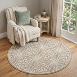 5' Taupe and Ivory Floral Non Skid Round Rug
