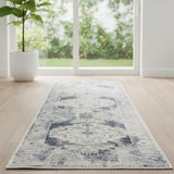 6' Charcoal Blue And Ivory Oriental Distressed Runner Rug