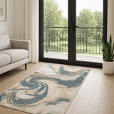 6' Ivory Blue And Brown Abstract Runner Rug