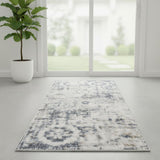 6' Ivory Blue And Brown Floral Distressed Runner Rug