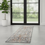 6' Ivory Blue And Rust Floral Distressed Runner Rug