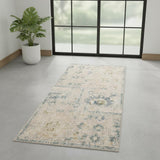 6' Teal Beige And Brown Floral Distressed Runner Rug