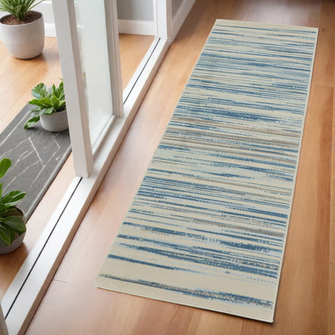 6' Ivory Blue and Gray Striped Non Skid Runner Rug