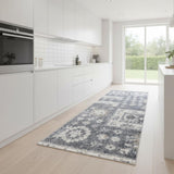 8' Dark Blue And Ivory Floral Distressed Runner Rug