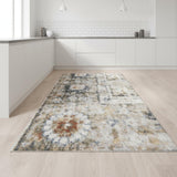 8' Gold Black And Gray Floral Distressed Runner Rug