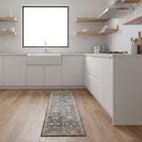 8' Ivory Blue And Rust Floral Distressed Runner Rug