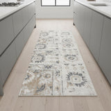 8' Silver Taupe And Black Floral Distressed Runner Rug
