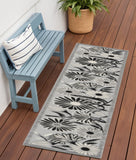 6' Black And White Floral Indoor Outdoor Runner Rug
