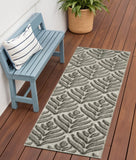 6' Charcoal And Beige Botanical Leaves Indoor Outdoor Runner Rug