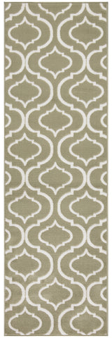7' Olive Green and Ivory Trellis Non Skid Runner Rug
