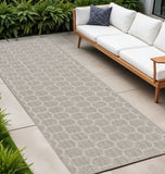 8' Gray And Ivory Geometric Indoor Outdoor Runner Rug