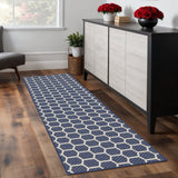 8' Navy Blue And Ivory Geometric Indoor Outdoor Runner Rug