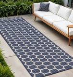 10' Navy Blue And Ivory Geometric Indoor Outdoor Runner Rug