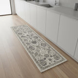 8' Ivory Black And Gray Floral Distressed Non Skid Runner Rug