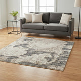 5' X 7' Ivory Gray And Charcoal Floral Distressed Non Skid Area Rug