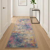 12' Ivory Blue And Yellow Abstract Runner Rug