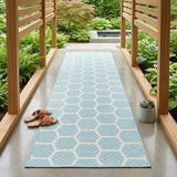 12' Aqua And Ivory Geometric Indoor Outdoor Runner Rug