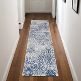 8' Navy Blue and Ivory Damask Distressed Runner Rug