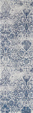 8' Navy Blue and Ivory Damask Distressed Runner Rug