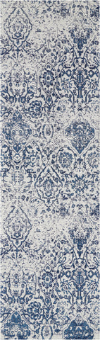 8' Navy Blue and Ivory Damask Distressed Runner Rug