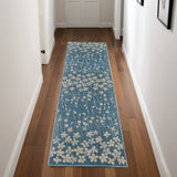 7' Turquoise and Cream Botanical Leaves Runner Rug
