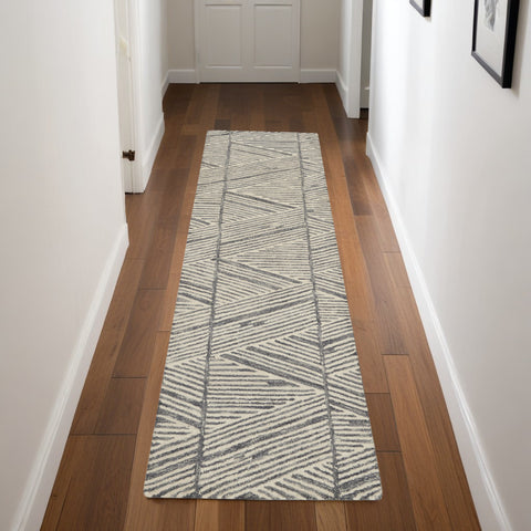 8' Gray and White Wool Abstract Runner Rug